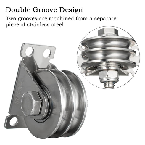 Heavy Duty Double Groove Cable Fixed Pulley Block, Stainless Steel, Bearing Inside, 2 Pack for Lifting System