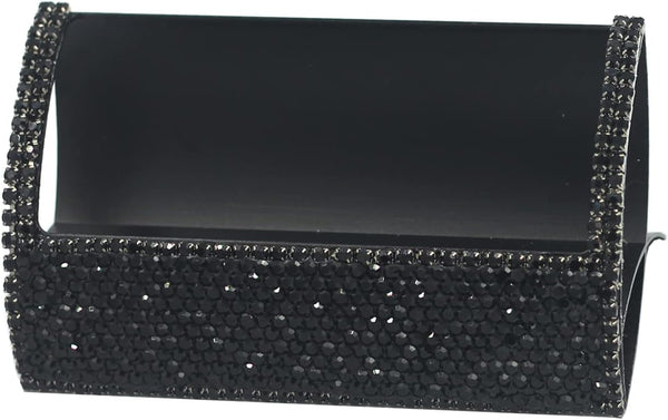 Bling Aluminum Business Card Holder, Black Rhinestone Desktop Display Stand for Business Cards