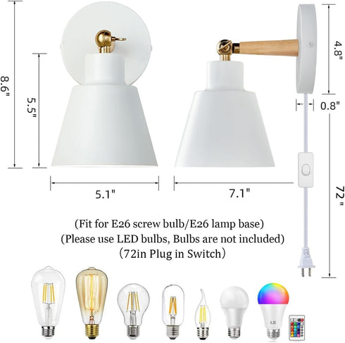 Set 2 (1, ClanKin Wall Sconces Lighting of for Bedroom, White Wooden Style Wall Sconce Reading Lamp, Adjustable Wall