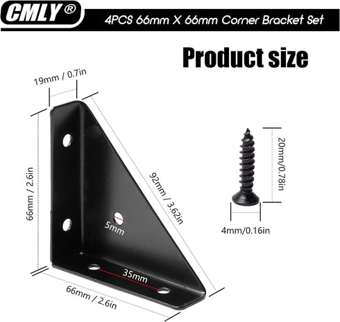 CMLY 4Pcs 66mm 66mm Corner Brace Brackets, x Corner Braces for Wood, Metal Corner Brackets, Triangle Shelf Bracket