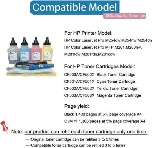 Toner Refill Kit for HP 202a CF500A, CF501A, CF502A, CF503A, 202X Cartridges with Tools (4-Pack)