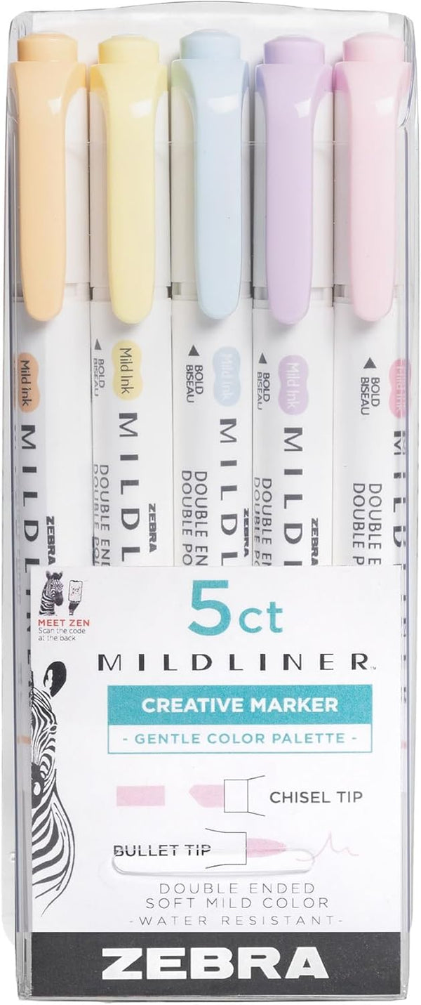 Zebra Pen Mildliner Double-Ended Highlighter Set, Chisel and Bullet Point Tips, No Bleed Assorted Gentle Ink Colors,