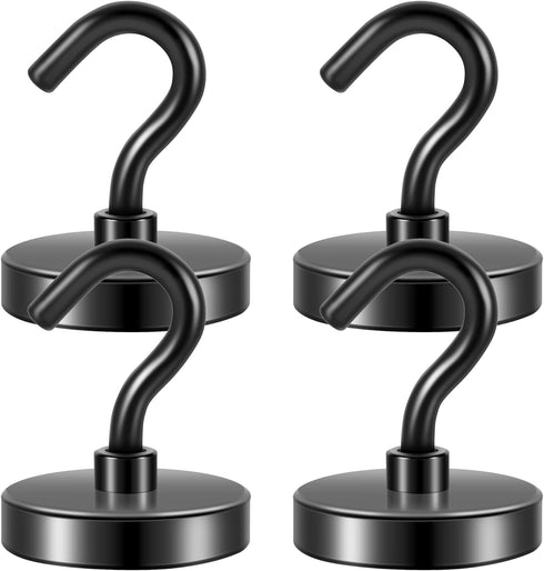 Neosmuk Black Magnetic Hooks, Strong Neodymium Hooks for Fridge, Extra Strength Industrial Hooks, Matte Black, 4 Pack
