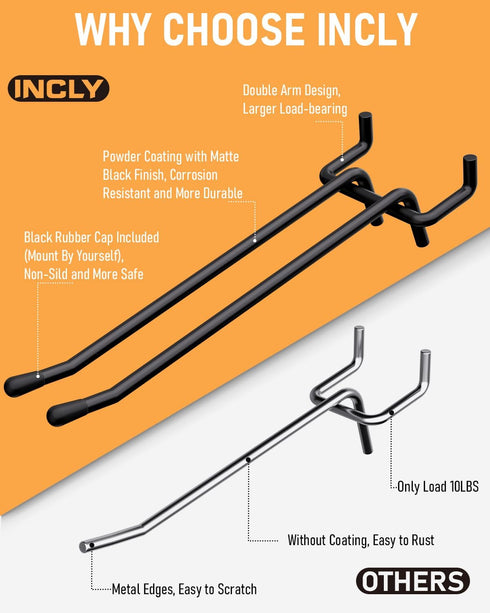 INCLY 4/6 Inch Black Pegboard Hooks, 36 Pack Heavy Duty Double Arm Straight Hooks for 1/4" Pegboard, Garage, Craft