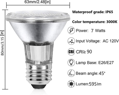 PAR20 7W LED Range Hood Light,E26 120V Dimmable Warm White 595lm, Waterproof IP65, Replacement 50W Halogen Cup. Spot Bulbs for Kitchen Appliances, Track Lighting, Outdoor Landscaping 2 Pack by LPSAFP
