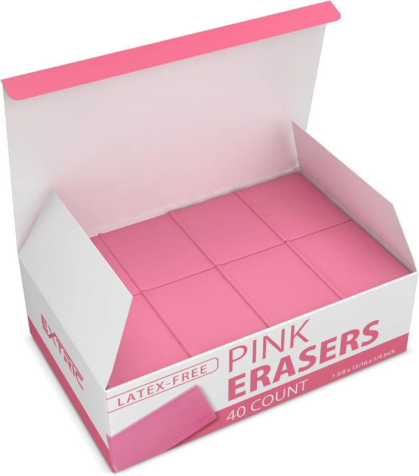 Pink Erasers, Square Rubber Erasers for Kids, 40 Count Bulk for School Supplies, Art, and Office Use