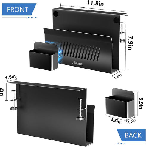 Litwaro Desk Side Storage Organizer, Under Desk Laptop Holder Clamp on Shelf, No Drill Laptop Desk Mount with Magnetic