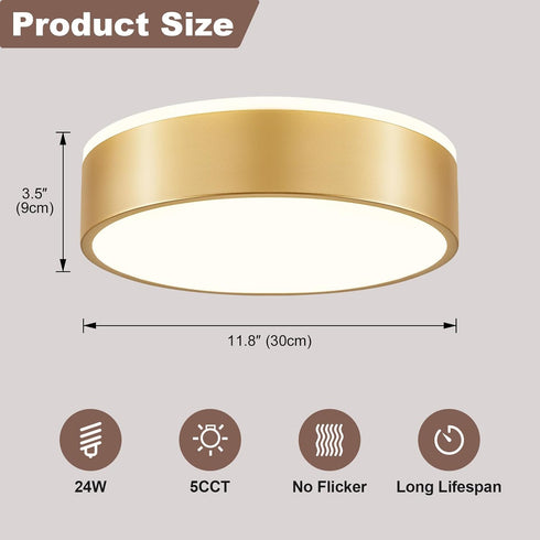 Dimmable 5CCT 2700K-6000K YURNYQ Gold LED Flush Mount Ceiling Lights, Modern Close to Ceiling Light, Simple Round