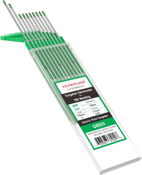 YESWELDER TIG Welding Tungsten Electrode Pure Tungsten 3/32" x 7" (Green, EWP) - 10 Pack