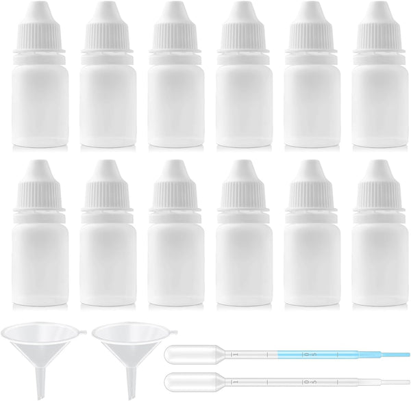 12PCS 10ML White Plastic Empty Dropper Bottles - Squeezable Eye Liquid Containers with Screw Cap and Plug