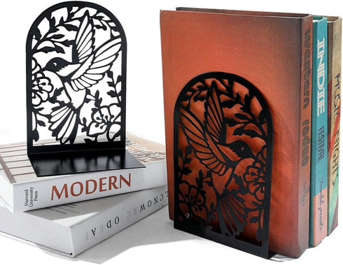 NDEMl Hummingbird Black Silhouette bookend, Creative Metal Hollow Bookstand, Bookshelf Folder for Desktop Study Storage