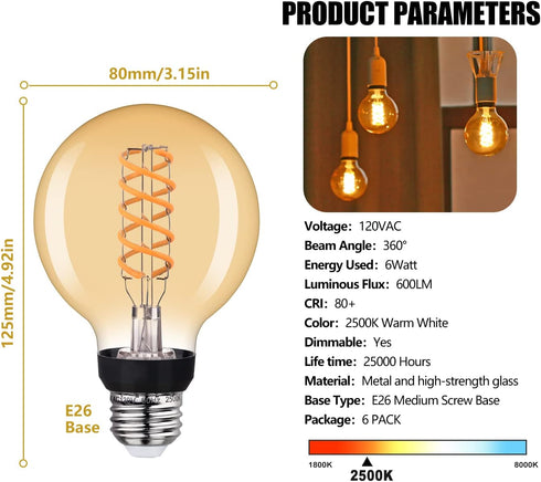G25(G80) LED Globe Vintage Edison Bulbs, Antique Flexible Spiral LED Filament Light Bulb, 6W Equivalent to 60W, 600LM, Warm White 2500K, E26 Base, Dimmable with 80+ CRI, Amber Glass, 6Pack by RuiAoTD