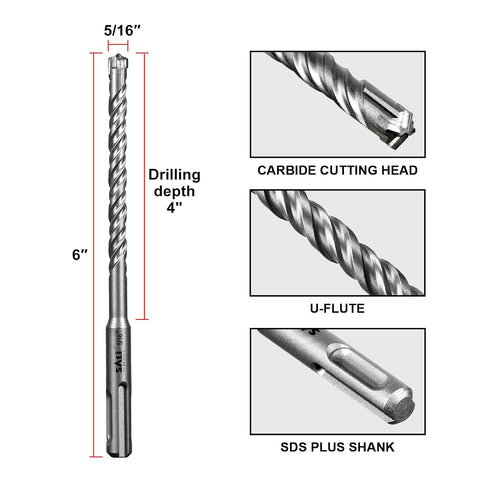 SALI 20PCS 5/16"*6" SDS Plus Rotary Hammer Drill Bit Kit for Concrete and Brick