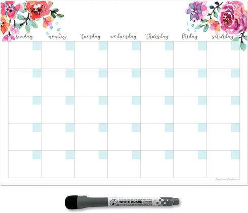 Dry Erase Monthly Calendar Planner Sticker Decal - Removable & Reusable with Magnetic Fine-Tip Marker (9 x 12 inches,