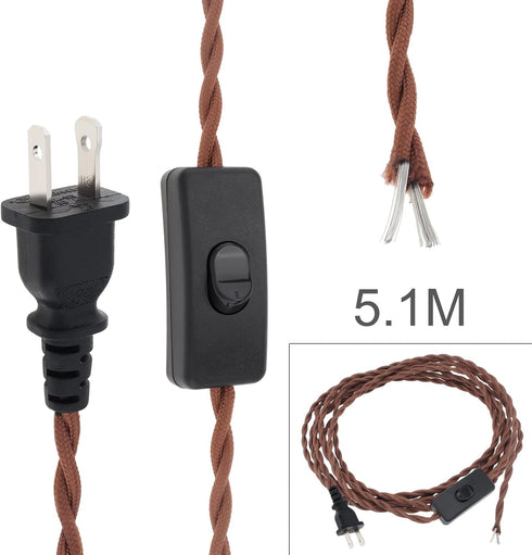RTNLIT 16.4Ft Twisted Cloth Covered Lamp Cord with Switch Button and Molded Plug, 18-Gauge Fabric Electrical Cord,