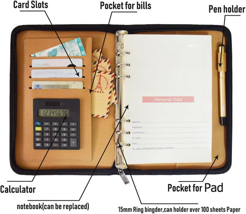 Marte Vanci A5 Padfolio with Calculator - PU Leather Business Portfolio, Zippered Folder, 6 Ring Lined Notebook, Blue