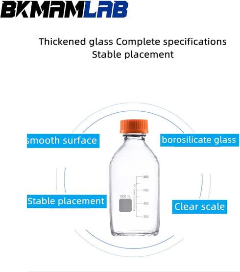 1000ml Round Borosilicate Glass Media Storage Bottles with GL45 Screw Cap, Maximum Temperature 249.8°F, Pack of 3