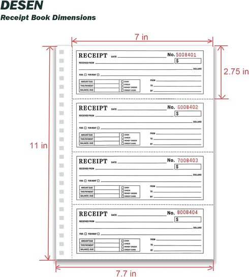 DESEN 2-Part 7-5/8" 11", 200 Sets 4 Carbonless Money and Rent Receipt Book, x Spiral Bound, Thick Paper, per Book