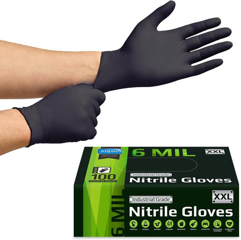 6 Inspire Black Nitrile Gloves HEAVY DUTY Mil Nitrile Chemical Resistant Medical Cooking Cleaning Disposable Black