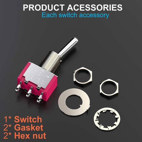 Toggle Switch AC 5A/125V 2A/250V, 3 Pin Terminals On/Off/On 3 Position SPDT Mini Toggle Switch, 10Pcs