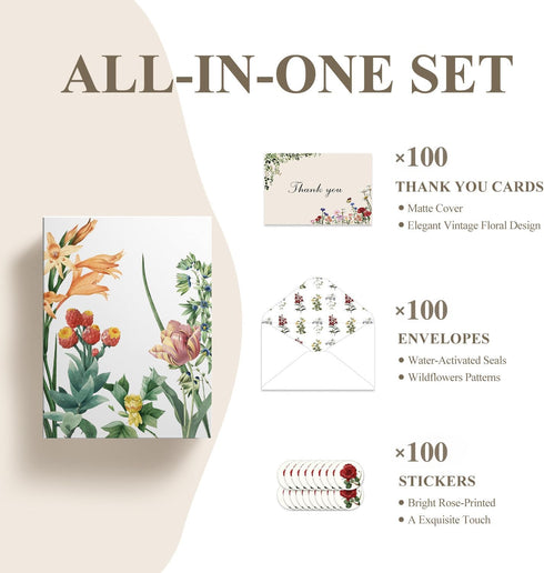 Poatel 100 Pack 4x6 Inch Thank You Cards with Envelopes, Vintage Flower Blank Notes, Elegant Floral Design, Thank You