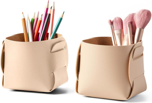 HOMIEAZICOZI 2-Pack Cork Leather Makeup Brush Holder Organizer - Stylish Desk Accessories Storage for Home Decor
