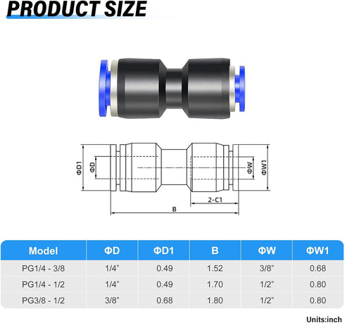 TAILONZ PNEUMATIC Blue Straight Reducing 1/2" Tube OD x 3/8" Tube OD Tube OD Push to Connect Tube Fittings Push Lock PG1/2-3/8 (Pack of 10) by TAILONZ PNEUMATIC
