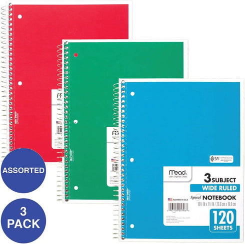 Mead Spiral Notebooks, 3 Subject, Wide Ruled Paper, 120 Sheets, 10-1/2" x 7-1/2", Red, Green, Blue, 3 Pack (73179) by Mead