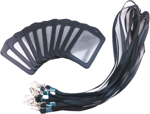 yueton 10pcs Leather Business ID Badge Card Holder with Long Neck Strap Lanyard, Black