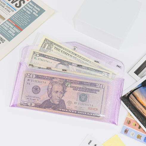 Purple Cash Envelope Wallet PVC Budget Wallet with Reusable PP Frosted Money Pocket Dividers & Month Label Stickers
