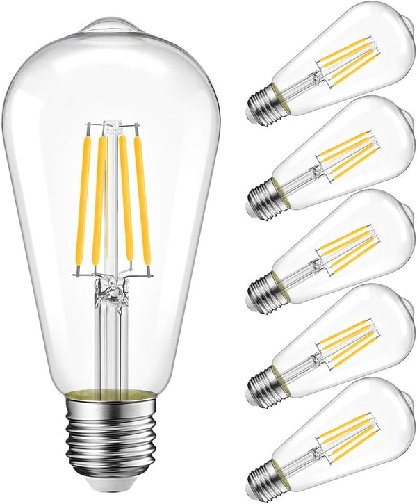 LVWIT ST21 LED Filament Bulb, 5W (40 Watt Equivalent), Dimmable 2700K Warm White, E26 Medium Base, 6-Pack