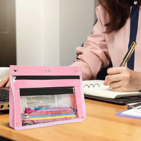 YoeeJob 1 Pack Pencil Pouch for 3 Ring Binder, Expandable Zipper Binder Pouches with Large Capacity Clear Window, Pink