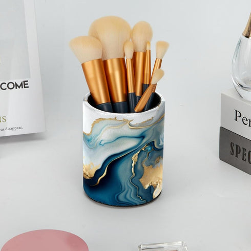 PU Leather Circular Pen Holder, Abstract Blue Gold Marble Desk Organizer with Flannel Lining for Office & Home