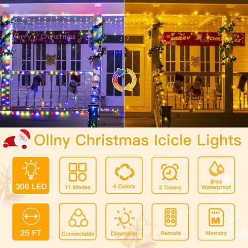 306LED 25FT, 11 Ollny Icicle Lights for Outside Color Changing Christmas Light with Remote Modes Timers Waterproof
