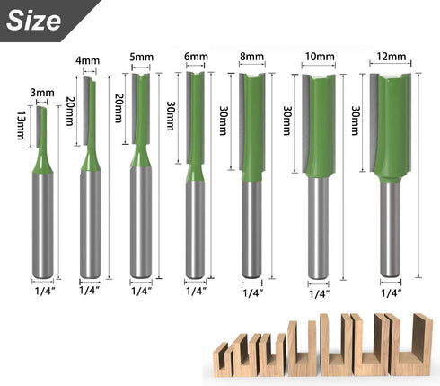 7pcs 1/4" Set, 3/4/5/6/8/10/12mm Trimming Shank Tungsten Carbide Double&Single Flute Straight Dado Router Bit Cutting