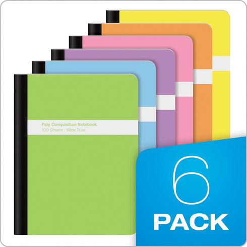 Oxford Poly Composition Notebooks, 6 Pack, Assorted Pastel Covers, 100 Sheets, Wide Ruled Paper, 9-3/4 x 7-1/2 Inches