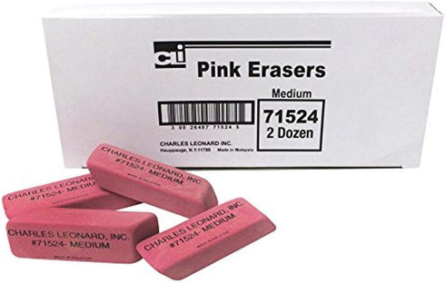 Charles Leonard Natural Rubber Eraser - Wedge Shape Pink, Medium, 24-Pack (71524)