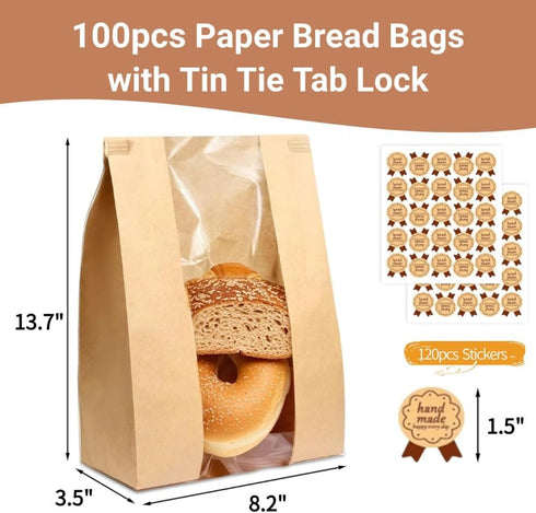 100 Pack 13.7" 8.2" 3.5" Packaging PAICUIKE Large Kraft Paper Bread Bags for Homemade Bread Sourdough Bags x x with Tin