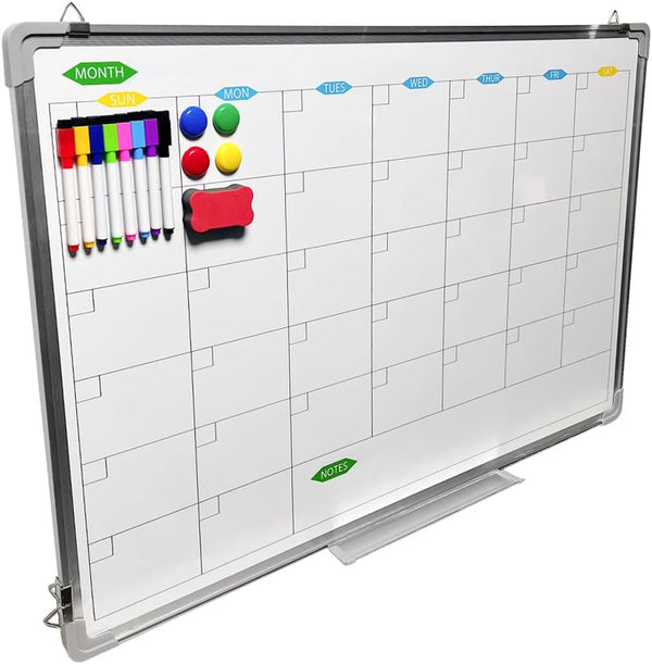 Double Sided Magnetic Monthly Calendar Dry Erase Board, 24 x 18 Inches, Wall Hanging Aluminum Frame