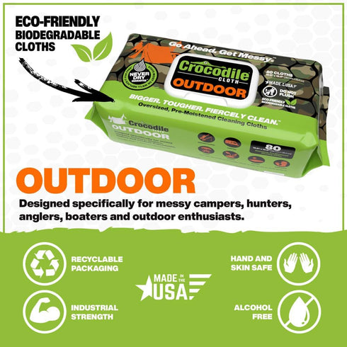 Crocodile Cloth Outdoor Biodegradable Cleaning Wipes, 80 Large Pre-Moistened Wipes with Aloe