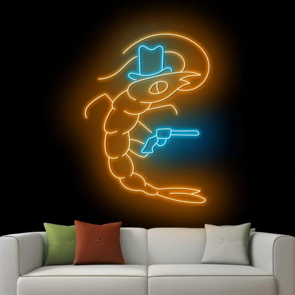Cowboy Shrimp Neon Sign, Western Cowboy Neon Light, Sea Animal Led Sign,