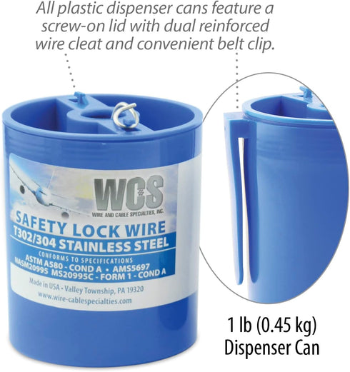 Lock Wire, T302/304 Stainless, NASM20995, MS20995C, ASTM A580 Cond A, AMS5697, 028 in (0.71 mm), 1 lb (0.45 kg) Dispenser Can, Approx. 474 ft (144 m) by WCS WIRE AND CABLE SPECIALTIES, INC.