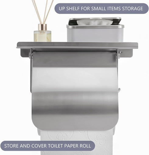 304 Toilet Paper Holder with Phone Shelf and Waterproof Cover, SUS Stainless Steel Tissue Roll Storage Rack (Polished