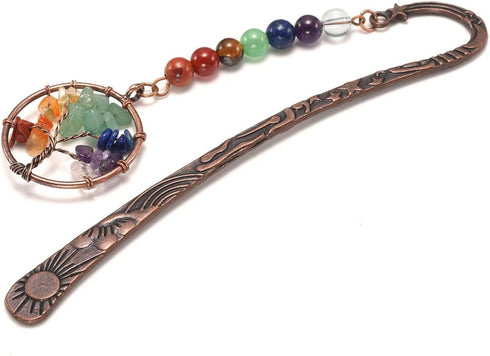 Jovivi Antique Copper Metal Bookmark with Handmade 7 Chakra Healing Crystals Tree of Life Tumbled Gemstones