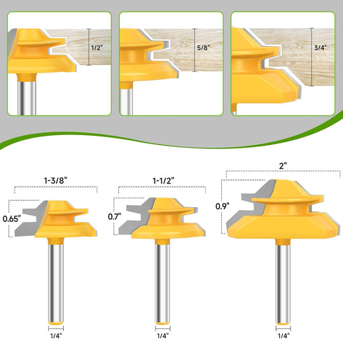45 1/4 Inch 3 Set, 1/2", 5/8", 3/4" Pynsseu Degree Lock Miter Router Bit Shank Pcs Joint Router Bit Carbide Steel