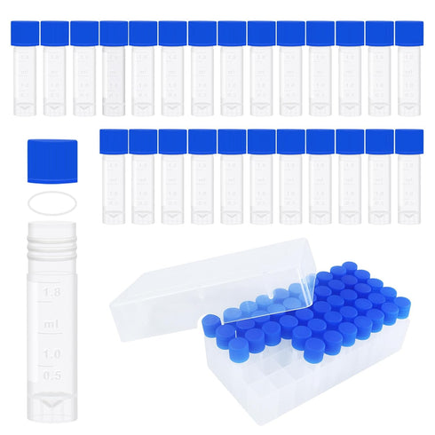 50pcs 2ml Small Plastic Vials with Leak Proof Caps, Self-Stand Cryotubes for Low Temperature Storage