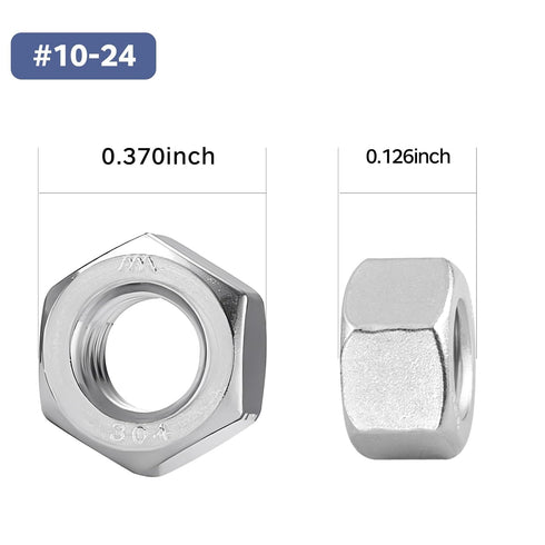 BNUOK 50 Pack #10-24 304 (18-8) #10 Inch Hex Nuts, Stainless Steel Hex Nut, Nut Standard Coarse Thread Hex Machine