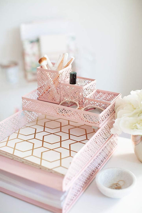 BLU MONACO Office Supplies - Pink Desk Accessories for Women, 6 Piece Interlocking Desk Organizer Set