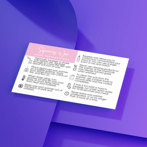 Lashicorn 50pk 2x3.5 Squeezy Wax Instruction Cards Squeezable Liquid Melt Bottle | Minimalist Client Care Directions