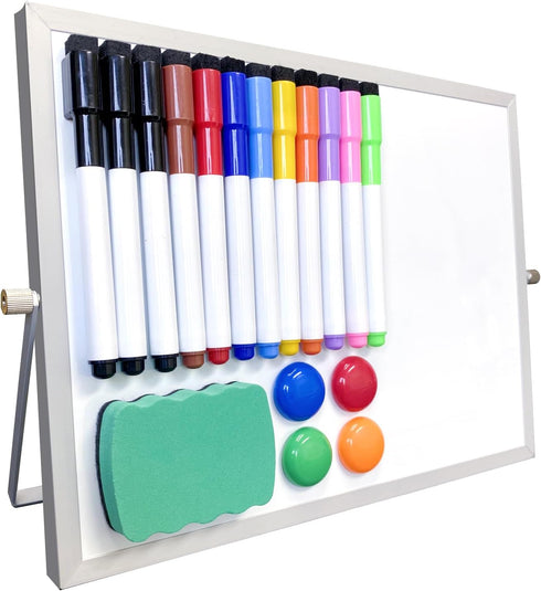 Dry Erase White Board, 12 x 9 Inch Small Magnetic Desktop Whiteboard with Stand, Double Sided, 12 Markers, 4 Magnets, 1